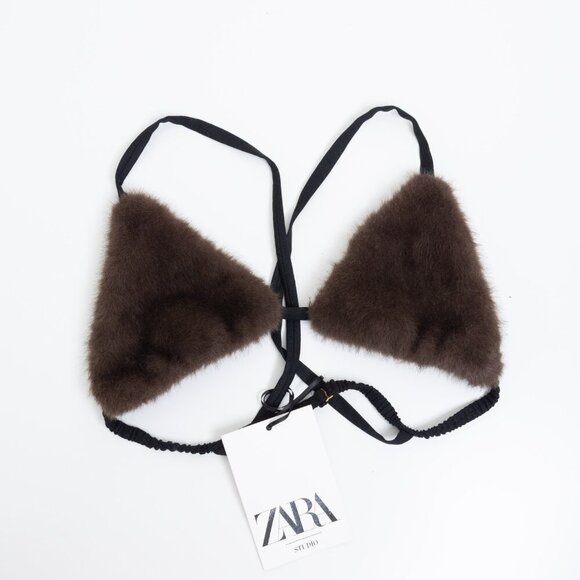 Zara Studio Faux Fur Triangle Bra Brown - Picture 2 of 9